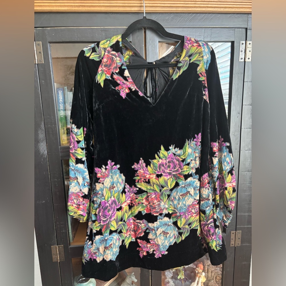 Free People Black Velvet Floral Tunic Top with Multicolor Bouquets